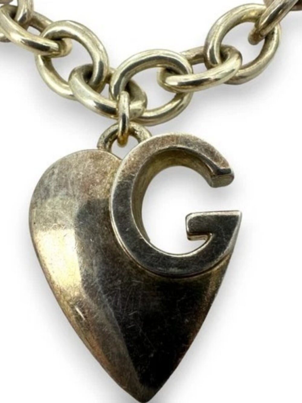Gucci Retired Solid 925 Sterling Silver G Heart Cable Chain Charm 8" Bracelet